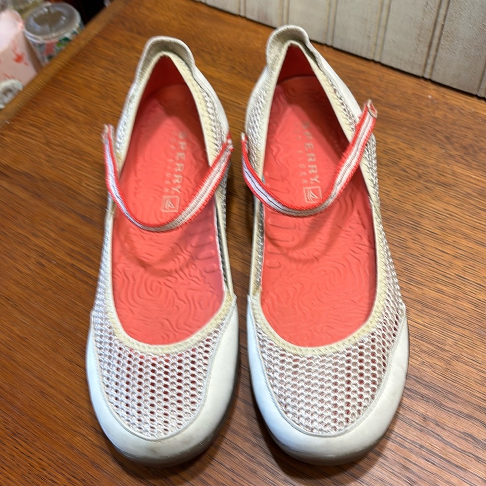SPERRY Top-Sider Ankle Strap Mesh/Leather Shoes, 7.5, EUC, Cream/Salmon, Velcro